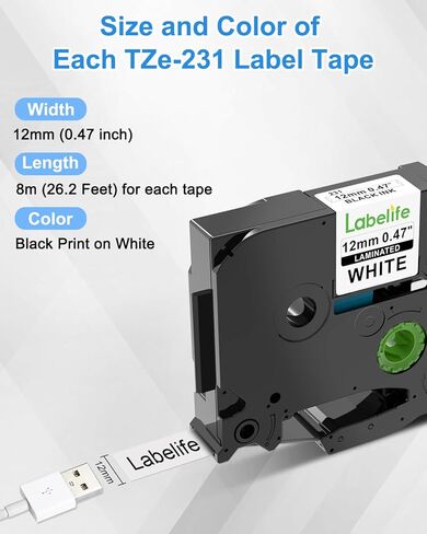 Labelife 10-Pack Replace for Brother TZe TZ Tape 12mm 0.47 Laminated White TZe-231 TZ-231 for Brother Label Maker Tape 12mm 0.47 White Work with Brother P Touch PT-D210 PT-H110 PT-D220 PT-D410 PT-D600 in Saudi Arabia