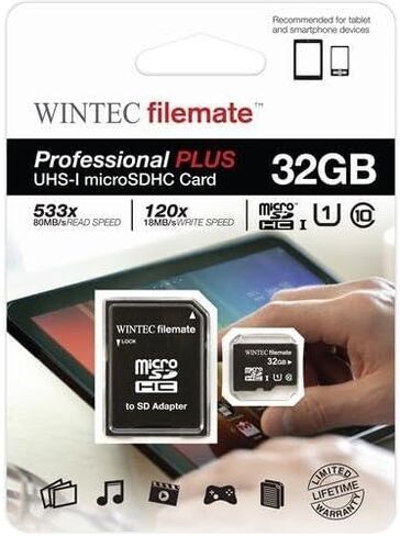 بطاقة Wintec filemate Pro Plus سعة 32 جيجابايت UHS-I U1 microSDHC C10 مع محول بيع بالتجزئة (3FMUSD32GU1PI-R) in Kuwait
