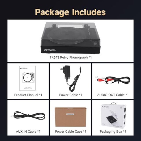 Retekess TR643 Vinyl Record Player, Wireless Turntable Player, 3-Speed Turntable for 33/45/78 RPM Records, Belt Drive, Auto Stop, RCA & AUX Output, Headphone Jack in Saudi Arabia