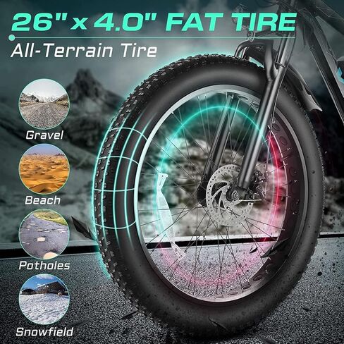 Vivi F26FUL Electric Bike Peak 1000W 26" x 4.0 Fat Tire Electric Bike with 48V 13Ah Removable Battery, 7Speed, Top 26Mph, Cruise Control, Up to 60 Miles, SGS Certified to UL2849 in Saudi Arabia