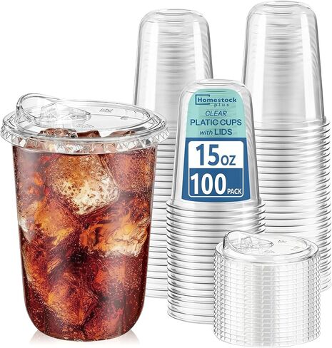 Homestockplus 15 oz Clear Plastic Cups with Lids (100 Pack) - Strawless Sip Lids, Leak-Proof & BPA-Free Iced Coffee Cups - Disposable Cold Drink Cups for Smoothies, Milkshake, Parties, Events in Saudi Arabia