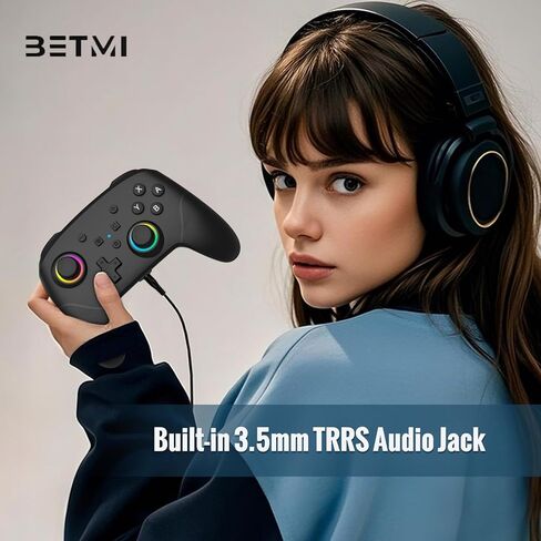 وحدة تحكم BETMI Wireless Pro للتبديل 2 مع مستشعر 9 محاور/زر C/عصا تحكم بتأثير القاعة/ماكرو/استيقاظ/مقبس ستيريو/إضاءة LED RGB/اهتزاز مزدوج، لوحة ألعاب بلوتوث للتبديل/لايت/OLED/الكمبيوتر (أسود) in Kuwait