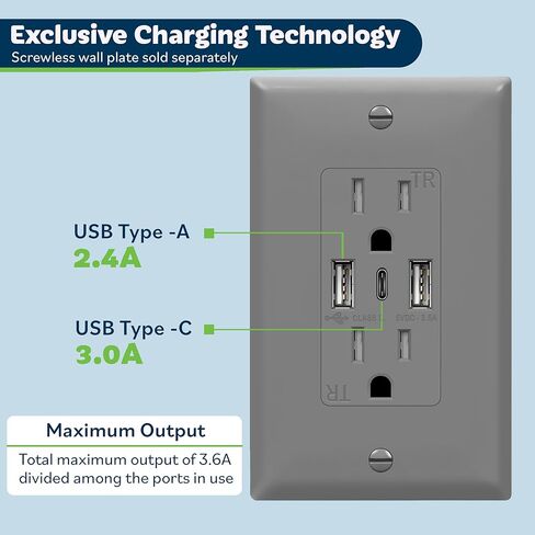 منفذ USB من TOPGREENER، منفذ جداري 3 منافذ من النوع C 3.6 أمبير 18 وات، مقبس 15 أمبير، منفذ طاقة شحن مع منافذ USB، متوافق مع سلسلة iPhone 17 والمزيد، مدرج في قائمة UL، TU21536AC3-2PCS، أبيض، عبوتان in Kuwait