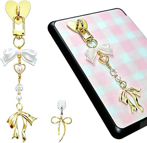 Charm Chain for Kindle, E-Reader Charms Chain with Dust Plug Type C Cute Gold Bow Decor Compatible with Kindle and Phone Keychain Decorating Accessories Bookish Gifts for Booklovers in Saudi Arabia