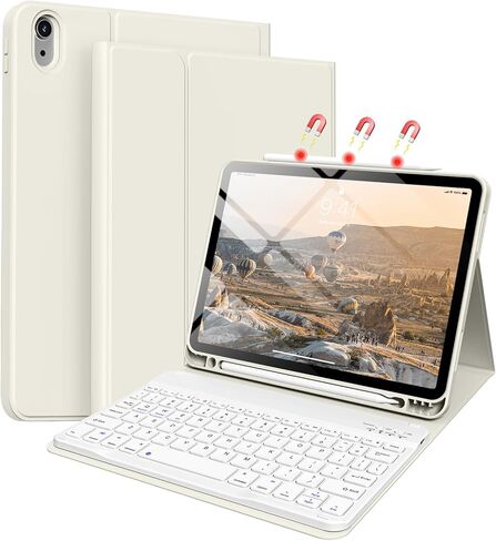 حافظة لجهاز iPad Air 8th/7th/6th 11 بوصة M4/M3/M2 (2026/2025/2024)، iPad Air 5th 4th Gen 10.9 بوصة مع لوحة مفاتيح 2022 2020، غطاء لوحة مفاتيح لاسلكي قابل للفصل مع حامل قلم رصاص، أبيض كريمي in Kuwait