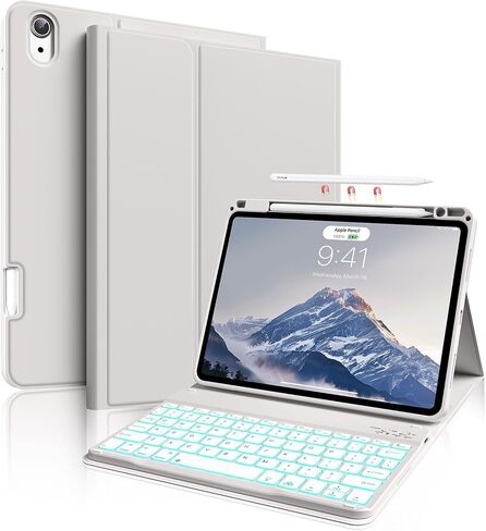 حافظة لجهاز iPad Air 8th/7th/6th 11 بوصة M4/M3/M2 (2026/2025/2024)، iPad Air 5th 4th Gen 10.9 بوصة مع لوحة مفاتيح 2022 2020، غطاء لوحة مفاتيح لاسلكي قابل للفصل مع حامل قلم رصاص، أبيض كريمي in Kuwait