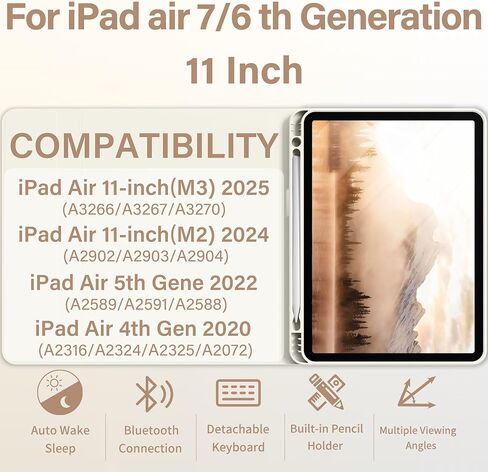 حافظة لجهاز iPad Air 8th/7th/6th 11 بوصة M4/M3/M2 (2026/2025/2024)، iPad Air 5th 4th Gen 10.9 بوصة مع لوحة مفاتيح 2022 2020، غطاء لوحة مفاتيح لاسلكي قابل للفصل مع حامل قلم رصاص، أبيض كريمي in Kuwait