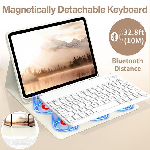 حافظة لجهاز iPad Air 8th/7th/6th 11 بوصة M4/M3/M2 (2026/2025/2024)، iPad Air 5th 4th Gen 10.9 بوصة مع لوحة مفاتيح 2022 2020، غطاء لوحة مفاتيح لاسلكي قابل للفصل مع حامل قلم رصاص، أبيض كريمي in Kuwait