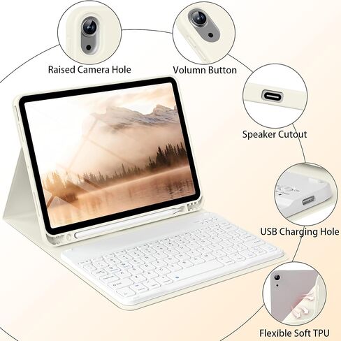 حافظة لجهاز iPad Air 8th/7th/6th 11 بوصة M4/M3/M2 (2026/2025/2024)، iPad Air 5th 4th Gen 10.9 بوصة مع لوحة مفاتيح 2022 2020، غطاء لوحة مفاتيح لاسلكي قابل للفصل مع حامل قلم رصاص، أبيض كريمي in Kuwait