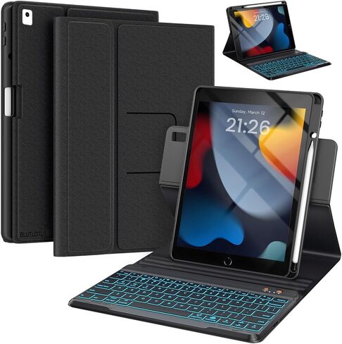 حافظة لوحة المفاتيح لجهاز iPad 9th/8th/7th Generation 10.2 بوصة 2021/2020/2019 وipad Pro 10.5 بوصة وipad Air 3 2019-لوحة مفاتيح قابلة للفصل بإضاءة خلفية 360 درجة مع حامل قلم علوي - (أسود) in Kuwait