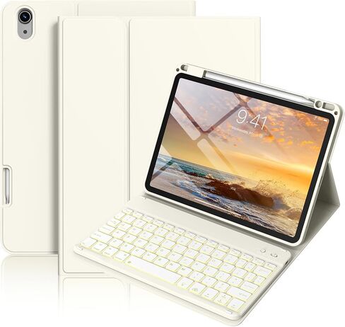 حافظة لجهاز iPad Air 8th/7th/6th 11 بوصة M4/M3/M2 (2026/2025/2024)، iPad Air 5th 4th Gen 10.9 بوصة مع لوحة مفاتيح 2022 2020، غطاء لوحة مفاتيح لاسلكي قابل للفصل مع حامل قلم رصاص، أبيض كريمي in Kuwait