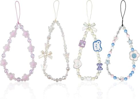4pcs Beaded Charms, 4 Styles Cute Mobile Bracelet Strap Aesthetic Crystal Cell String Keychain Bear Flower Bow Chain Wrist Lanyard for Women Phone Accessory in Saudi Arabia