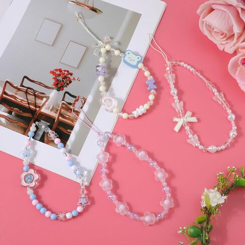 4pcs Beaded Charms, 4 Styles Cute Mobile Bracelet Strap Aesthetic Crystal Cell String Keychain Bear Flower Bow Chain Wrist Lanyard for Women Phone Accessory in Saudi Arabia