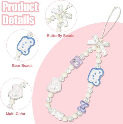 4pcs Beaded Charms, 4 Styles Cute Mobile Bracelet Strap Aesthetic Crystal Cell String Keychain Bear Flower Bow Chain Wrist Lanyard for Women Phone Accessory in Saudi Arabia