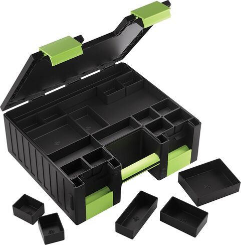 Gamegenic Game Castle - All-in-One Double-Sided Storage Case for Cards and Gaming Accessories, 19 Removable Trays in 5 Sizes, Ideal for Cards, Tokens, Dice and Tools, Black/Green Color, Made in Saudi Arabia