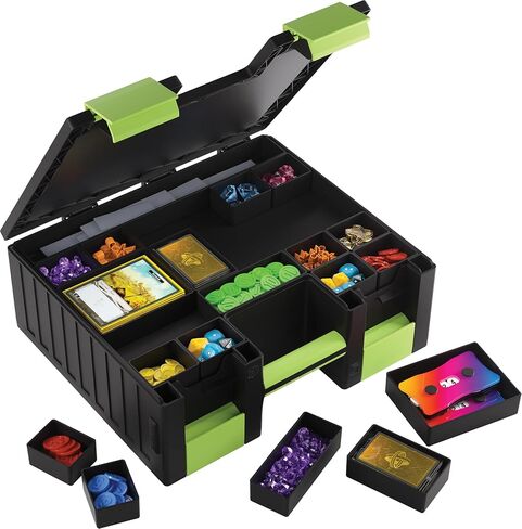 Gamegenic Game Castle - All-in-One Double-Sided Storage Case for Cards and Gaming Accessories, 19 Removable Trays in 5 Sizes, Ideal for Cards, Tokens, Dice and Tools, Black/Green Color, Made in Saudi Arabia
