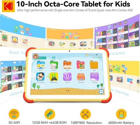 KODAK 10.1 Inch Android 15 Kids Tablet, 12GB RAM+64GB ROM(1TB Expand) Tablet for Kids, 6000mAh Battery, Parental Control, Blue Light Eye Protection, Shockproof Case for Learning in Saudi Arabia