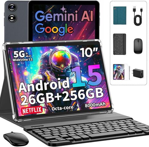 تابلت 2026 Android 15 مع لوحة مفاتيح، 26 جيجابايت + 256 جيجابايت + 2 تيرابايت، كمبيوتر لوحي 10 بوصة مع Gemini AI، ثماني النواة، 8000 مللي أمبير، 5G WiFi، Widevine L1، GPS، GMS، 2 في 1 أجهزة لوحية مع حافظة، ماوس، قلم (حافظة خضراء) in Kuwait