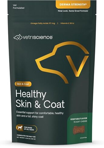 VetriScience Derma Strength صحة الجلد والمعطف يمضغ مع أوميغا 3 و6 و9 للكلاب، 70 مضغ - يمكن أن يقلل من تساقط البشرة ويدعم صحة الجلد in Kuwait