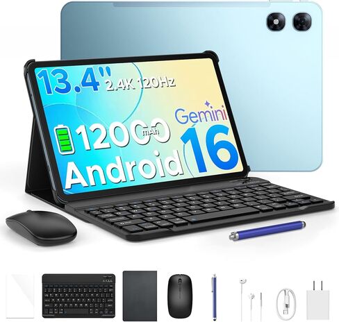 تابلت P13 Pro مقاس 13.4 بوصة، 2.4K 120 هرتز Android 16 مع Gemini AI، ذاكرة وصول عشوائي 48 جيجابايت + ذاكرة وصول عشوائي 256 جيجابايت، T7280 ثماني النواة، 16 ميجابكسل + 8 ميجابكسل، 12000 مللي أمبير، 5G WiFi، 4G LTE، تابلت مع لوحة مفاتيح، قلم، حافظة-أسود in Kuwait