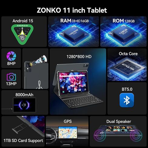 Tablet 11 inch Android 15 Tablet, 16GB RAM,128GB ROM 1TB Expand, 4G LTE & 5G WiFi Tablets, Octa-Core, 21MP Camera, 8000mAh, GPS, Tablets with Keyboard, Mouse, Case & Protective Film, 2026 Gemini AI in Kuwait