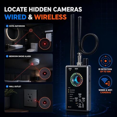 V70 Hidden Camera Detector, Anti-Spy Camera Finder, Bug Detector, RF Scanner, Magnetic GPS Tracker Finder, 7 IR LED Lens Finder, Dual IR Sensors, Vibration Alarm, Rechargeable for Travel/Hotel/Office in Saudi Arabia