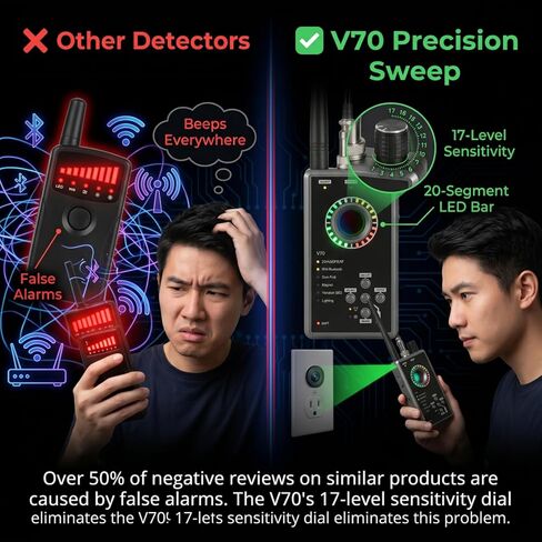 V70 Hidden Camera Detector, Anti-Spy Camera Finder, Bug Detector, RF Scanner, Magnetic GPS Tracker Finder, 7 IR LED Lens Finder, Dual IR Sensors, Vibration Alarm, Rechargeable for Travel/Hotel/Office in Saudi Arabia