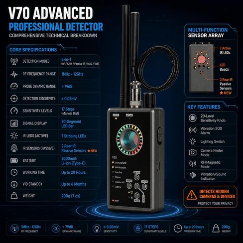 V70 Hidden Camera Detector, Anti-Spy Camera Finder, Bug Detector, RF Scanner, Magnetic GPS Tracker Finder, 7 IR LED Lens Finder, Dual IR Sensors, Vibration Alarm, Rechargeable for Travel/Hotel/Office in Saudi Arabia
