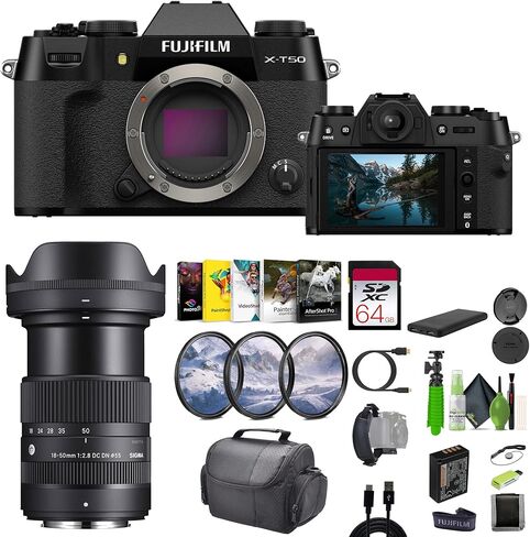 مجموعة كاميرا Fujifilm X-T50 الرقمية بدون مرآة مع عدسة سيجما 18-50 مم f/2.8 DC DN المعاصرة لـ Fuji-Film X + بطاقة ذاكرة 64 جيجابايت + حقيبة كامارا + حامل ثلاثي القوائم + ملحقات - أسود in Saudi Arabia