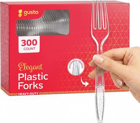 GUSTO [300 Pack] Heavyweight Clear Plastic Forks with Engraved Design - Disposable Sturdy Plastic Utensils for Parties, Weddings, and Events (Formerly Comfy Package) in Saudi Arabia