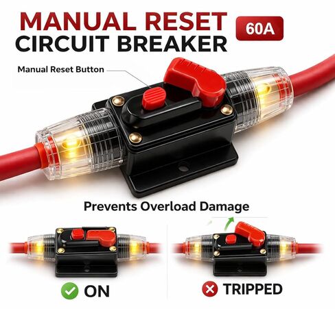 MGI SpeedWare 60 AMP دليل إعادة تعيين قاطع الدائرة المضمنة - 12V / 24V حامل الصمامات للسيارات لصوت السيارة، البحرية، القارب، RV، مكبر الصوت in Saudi Arabia