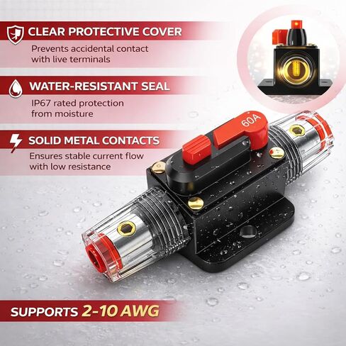 MGI SpeedWare 60 AMP دليل إعادة تعيين قاطع الدائرة المضمنة - 12V / 24V حامل الصمامات للسيارات لصوت السيارة، البحرية، القارب، RV، مكبر الصوت in Saudi Arabia