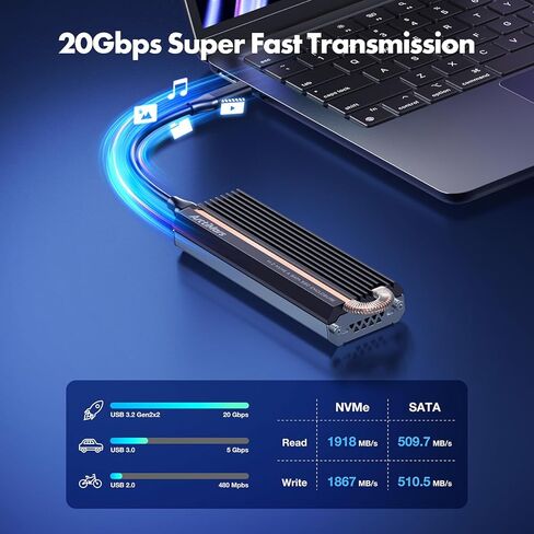 حاوية M.2 NVMe SSD مع تبريد عمود نحاسي مدمج، خارجي بسرعة 20 جيجابت في الثانية، من الألومنيوم، يدعم مفتاح M ومفتاح B+M (US-2625) in Kuwait