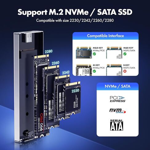 حاوية M.2 NVMe SSD مع تبريد عمود نحاسي مدمج، خارجي بسرعة 20 جيجابت في الثانية، من الألومنيوم، يدعم مفتاح M ومفتاح B+M (US-2625) in Kuwait