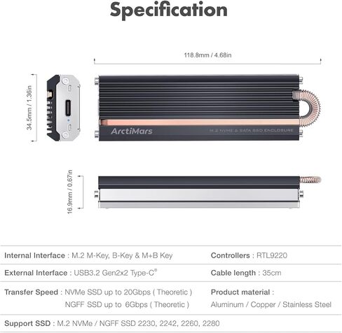 حاوية M.2 NVMe SSD مع تبريد عمود نحاسي مدمج، خارجي بسرعة 20 جيجابت في الثانية، من الألومنيوم، يدعم مفتاح M ومفتاح B+M (US-2625) in Kuwait