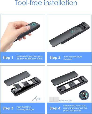 M.2 NVMe SSD Enclosure, USB-C External Hard Drive Case, High-Speed Data Transfer, Tool-Free Installation, Compact Aluminum Design, Black, Includes USB-C Cable in Saudi Arabia