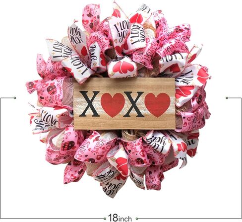 Idyllic 16 Inch Valentines Day Mesh XOXO Heart Red and Pink Wreath, Front Door Heart Ribbon Mesh Wreath for Home Decor, XOXO Signed Wreath for Indoor and Outdoor in Kuwait