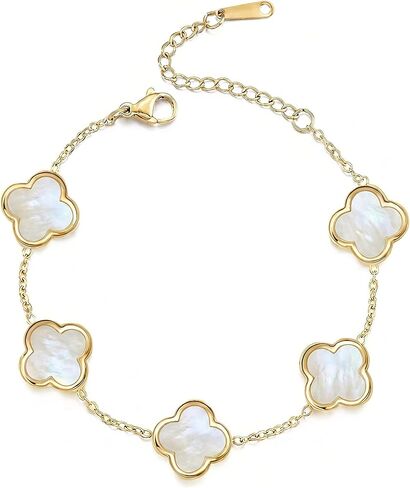 SHINYY Four Leaf Clover Bracelet for Women 18K Gold Plated Stainless Steel Lucky 4 Leaf Link Bracelet Wrist Jewelry for Mother and Daughter (White Gold) in Saudi Arabia