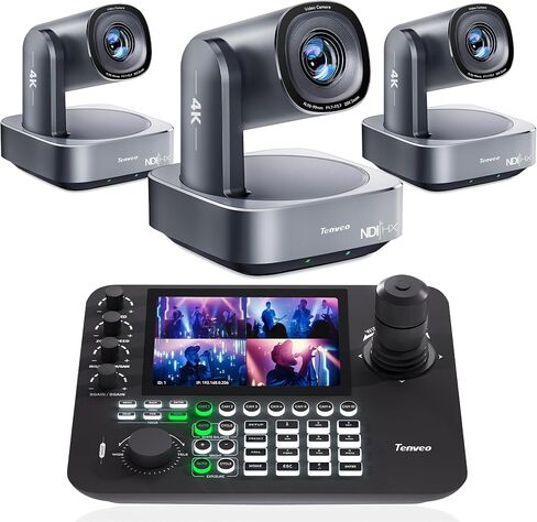 Tenveo 4K PTZ Camera and Controller Bundle/Kits - 20X AI HDMI/USB/LAN(PoE) 4K NDI PTZ Camera(3PCS) with 7-Inch LCD Quad-Screen 4D Joystick NDI PTZ Controller Kit for Church Live Streaming Conference in Saudi Arabia