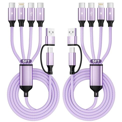 كابل USB A/USB C 4 في 2 مع 3 منافذ من النوع C+ 1IP، وكابلات شحن متعددة مقسم USB C لأجهزة متعددة، وسلك شاحن سيارة أساسي للسفر لهاتف iPhone17-12/Android/Pad والمزيد (عبوة واحدة بطول 5 أقدام باللون الأرجواني) in Kuwait