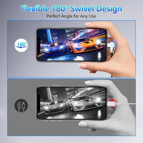 كابل شاحن iPhone يدور 90 درجة مع رأس دوار 180 درجة، [معتمد من MFi] سلك إضاءة بزاوية يمنى 6.6 قدم لـ Apple CarPlay، شحن سريع USB A إلى كابل Lightning لهاتف iPhone 14 13 12 11 X iPad in Kuwait