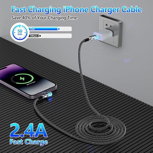 كابل شاحن iPhone يدور 90 درجة مع رأس دوار 180 درجة، [معتمد من MFi] سلك إضاءة بزاوية يمنى 6.6 قدم لـ Apple CarPlay، شحن سريع USB A إلى كابل Lightning لهاتف iPhone 14 13 12 11 X iPad in Kuwait