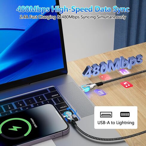 كابل شاحن iPhone يدور 90 درجة مع رأس دوار 180 درجة، [معتمد من MFi] سلك إضاءة بزاوية يمنى 6.6 قدم لـ Apple CarPlay، شحن سريع USB A إلى كابل Lightning لهاتف iPhone 14 13 12 11 X iPad in Kuwait