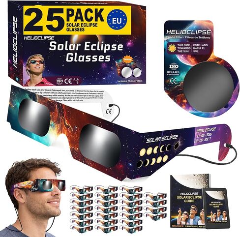 Helioclipse (25 حزمة من نظارات كسوف الشمس الشمسية معتمدة من وكالة ناسا لعام 2024 - موثوقة لمشاهدة كسوف الشمس المباشر - حاصلة على شهادة ISO 12312-2 وCE in Kuwait
