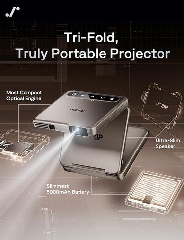 Aurzen ZIP Tri-Fold DLP Ultra-Portable Mini Pocket Projector, Bluetooth 5.4, Screen Mirroring, ToF Zero-Lag Focus, 1.5H Playtime, USB-C Powered, Pico Projector for Travel/Sewing/DIY Crafts, Gold in Saudi Arabia