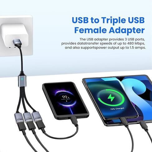 USB Splitter 3 in 1 with USB C to A Adapter, USB Male to Multi Type C Female Port Power Charging and Data Transfer Cable for Laptop Mac Flash Drive Keyboard Mouse in Saudi Arabia