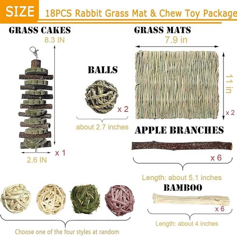 kathson Rabbit Grass Mat Woven Bedding Mat 18Pcs Bunny Chew Toys for Teeth Grinding Hamsters Molar String Cage Accessories Rattan Ball Bamboo Apple Branch for hillas Guinea Pigs Play Exercise in Kuwait