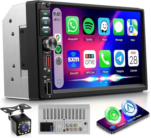 ستيريو سيارة ريمودي مزدوج الدين، شاشة لمس 7 بوصة لاسلكية Carplay & Android Auto، راديو السيارة مع بلوتوث/FM/EQ/SWC/MIC، كاميرا احتياطية متضمنة، USB/AUX/TF/Type-C مستقبل صوت السيارة in Kuwait