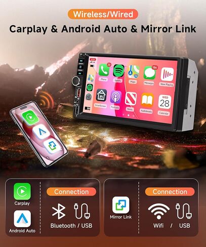 ستيريو سيارة ريمودي مزدوج الدين، شاشة لمس 7 بوصة لاسلكية Carplay & Android Auto، راديو السيارة مع بلوتوث/FM/EQ/SWC/MIC، كاميرا احتياطية متضمنة، USB/AUX/TF/Type-C مستقبل صوت السيارة in Kuwait
