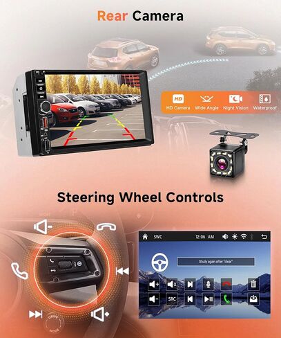 ستيريو سيارة ريمودي مزدوج الدين، شاشة لمس 7 بوصة لاسلكية Carplay & Android Auto، راديو السيارة مع بلوتوث/FM/EQ/SWC/MIC، كاميرا احتياطية متضمنة، USB/AUX/TF/Type-C مستقبل صوت السيارة in Kuwait